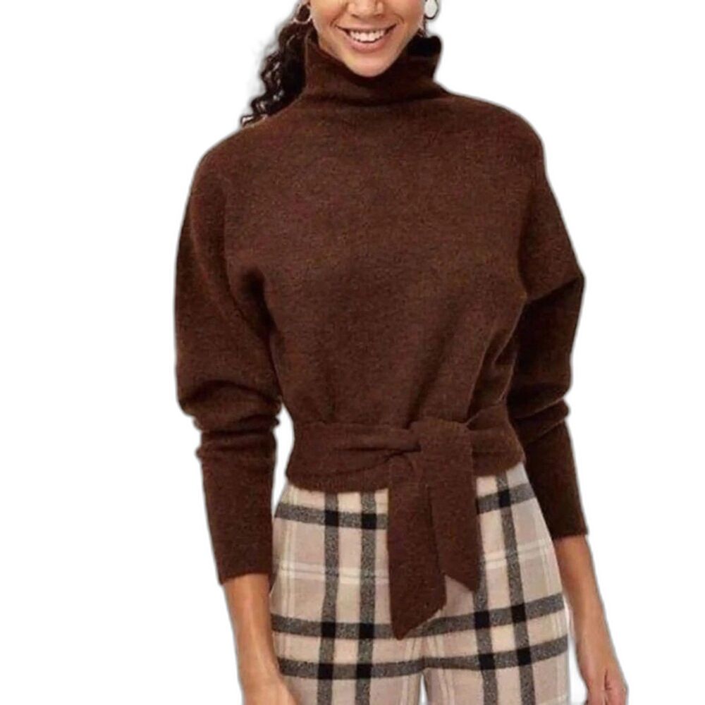 Aritzia Wilfred Lorin Alpaca Wool Sweater Tie Front Turtleneck Brown Size Small